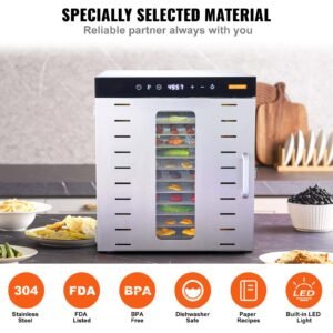 food dehydrator machine, 10 stainless steel trays, 1000w electric food dryer with digital adjustable timer & temperature for jerky, herb, meat, beef, fruit, dog treats and vegetables