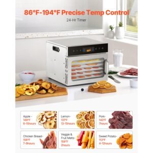 food dehydrator machine, 6 stainless steel trays, 400w electric food dryer with adjustable temperature & 24 hour timer, freeze dryer for jerky, meat, fruit, vegetables, herbs, dog treats