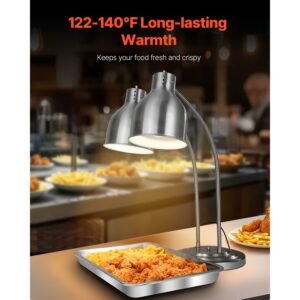 food heat lamp, 500w electric commercial food warmer light, 2 head stainless steel french fry heating lamp with 3 bulbs, catering food warming equipment for kitchen, buffet, restaurant, silver