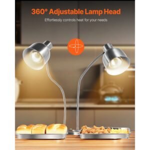 food heat lamp, 500w electric commercial food warmer light, 2 head stainless steel french fry heating lamp with 3 bulbs, catering food warming equipment for kitchen, buffet, restaurant, silver
