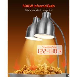 food heat lamp, 500w electric commercial food warmer light, 2 head stainless steel french fry heating lamp with 3 bulbs, catering food warming equipment for kitchen, buffet, restaurant, silver