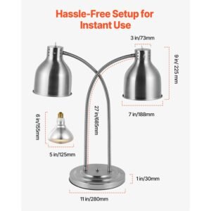 food heat lamp, 500w electric commercial food warmer light, 2 head stainless steel french fry heating lamp with 3 bulbs, catering food warming equipment for kitchen, buffet, restaurant, silver