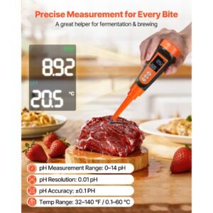 food ph meter, 0 14 ph range, ip68 waterproof probe, pocket tester kit with automatic temperature compensation, calibration powder packets, easy to read, for food fermentation, dough, meat