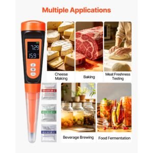 food ph meter, 0 14 ph range, ip68 waterproof probe, pocket tester kit with automatic temperature compensation, calibration powder packets, easy to read, for food fermentation, dough, meat