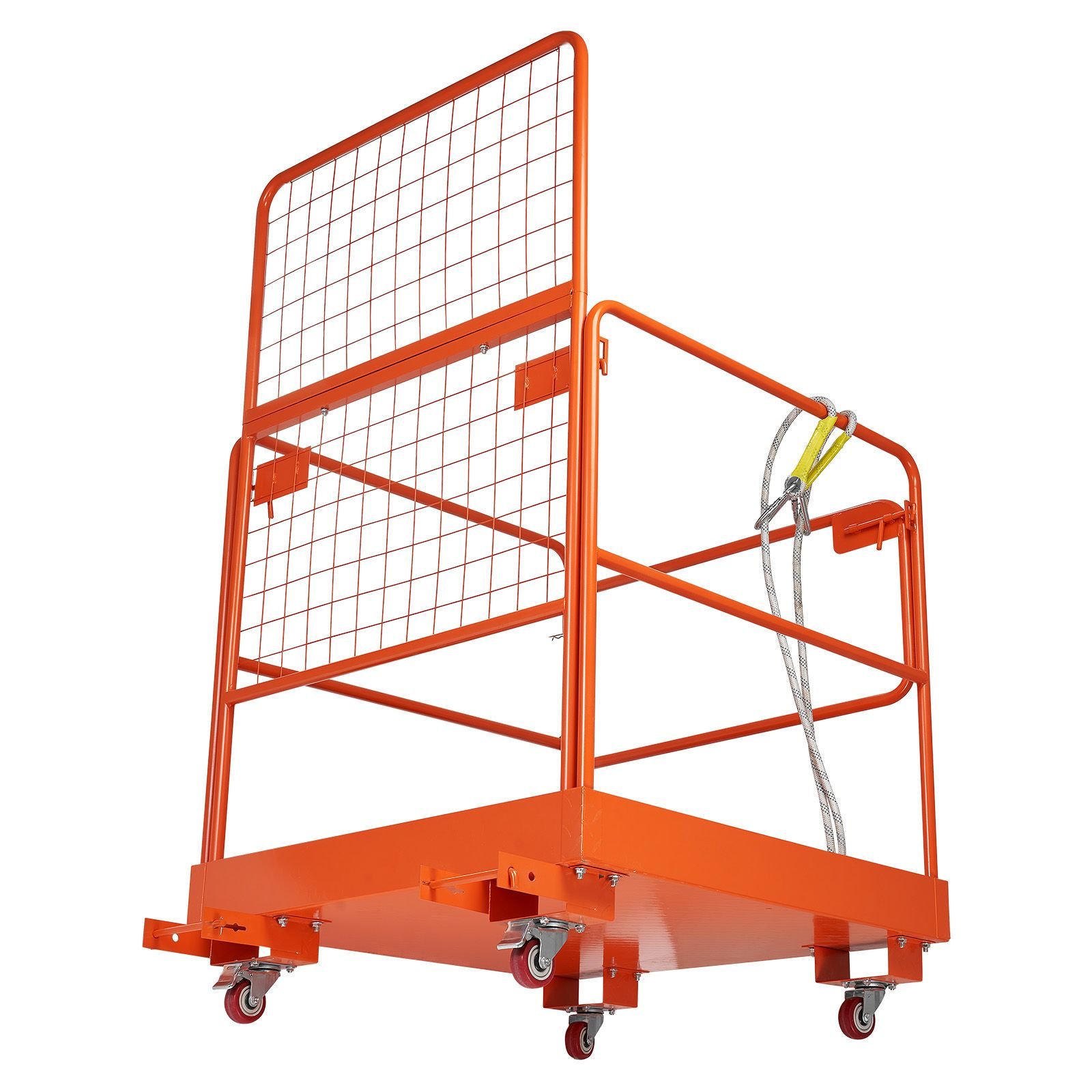 forklift safety cage, 36.2 x 41.1 inch, forklift man basket with 4 wheels, 1200 lbs capacity, heavy duty work platform collapsible lift basket, safety harness, for aerial work lifting loader