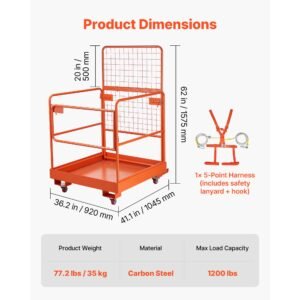 forklift safety cage, 36.2 x 41.1 inch, forklift man basket with 4 wheels, 1200 lbs capacity, heavy duty work platform collapsible lift basket, safety harness, for aerial work lifting loader