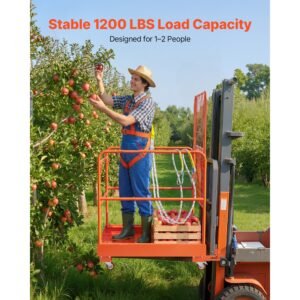 forklift safety cage, 36.2 x 41.1 inch, forklift man basket with 4 wheels, 1200 lbs capacity, heavy duty work platform collapsible lift basket, safety harness, for aerial work lifting loader