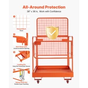 forklift safety cage, 36.2 x 41.1 inch, forklift man basket with 4 wheels, 1200 lbs capacity, heavy duty work platform collapsible lift basket, safety harness, for aerial work lifting loader