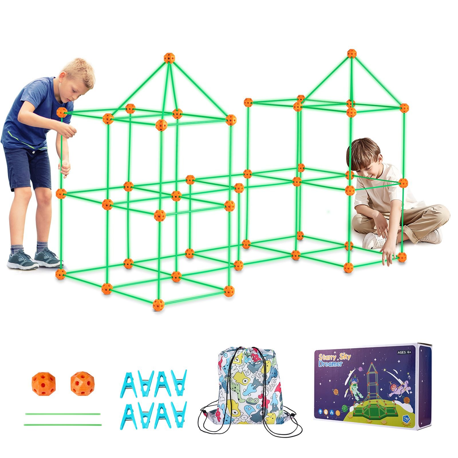 fort building kit for kids, 140pcs glow in the dark stem building toys, educational gift for 4 5 6 7 8+ year old boys & girls indoor outdoor play tent construction toys with 96 rods and 44 balls