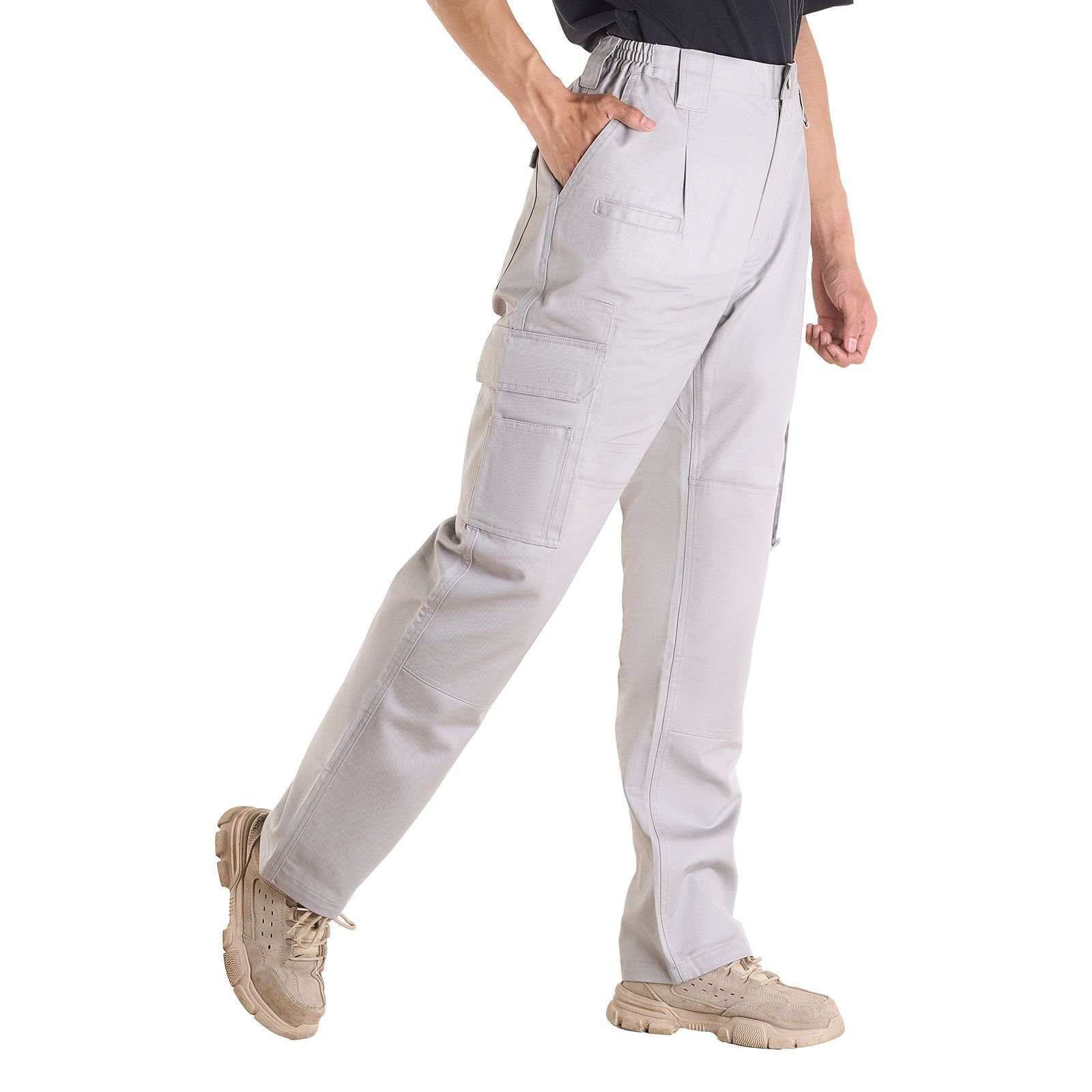 fr pants for men, 9 oz 100% cotton, flame resistant cargo pants with multi pockets and elastic waist, reinforced tear proof stitching, ideal for welding work and casual wear, l size, gray