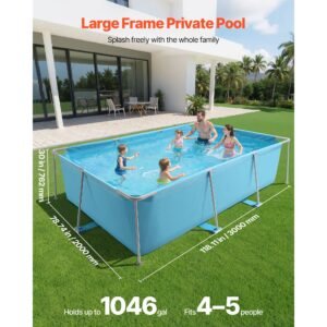 frame above ground swimming pool, 118 x 78 x 30 in rectangular steel metal frame, large rectangle outdoor backyard family pool, easy to assemble rust resistant, 1046 gallon water capacity, blue