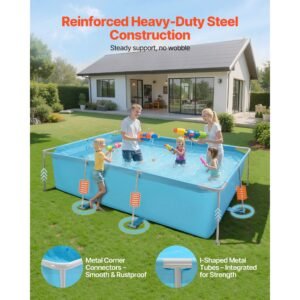 frame above ground swimming pool, 118 x 78 x 30 in rectangular steel metal frame, large rectangle outdoor backyard family pool, easy to assemble rust resistant, 1046 gallon water capacity, blue