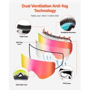 frameless ski goggles, magnet cylindrical lens with pink revo coating, otg anti fog snow goggles for men women youth, tpu frame & ventilation structure, fit for skiing, skating, snowboarding
