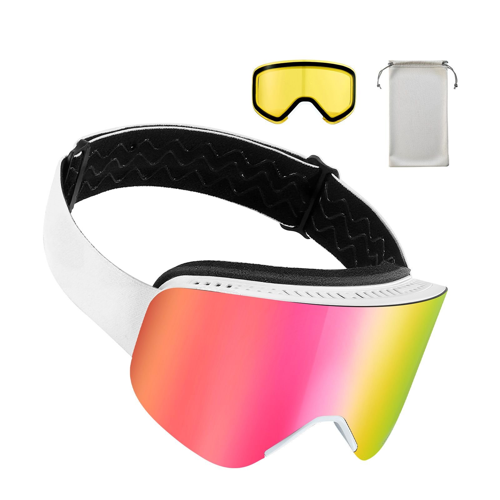 frameless ski goggles, magnet cylindrical lens with pink revo coating, otg anti fog snow goggles for men women youth, tpu frame & ventilation structure, fit for skiing, skating, snowboarding