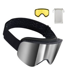 Frameless Ski Goggles, Magnet Cylindrical Lens with Silver Mirror Revo Coating, OTG Anti fog Snow Goggles for Men Women, TPU Frame & Ventilation Structure, Fit for Skiing, Skating, Snowboarding