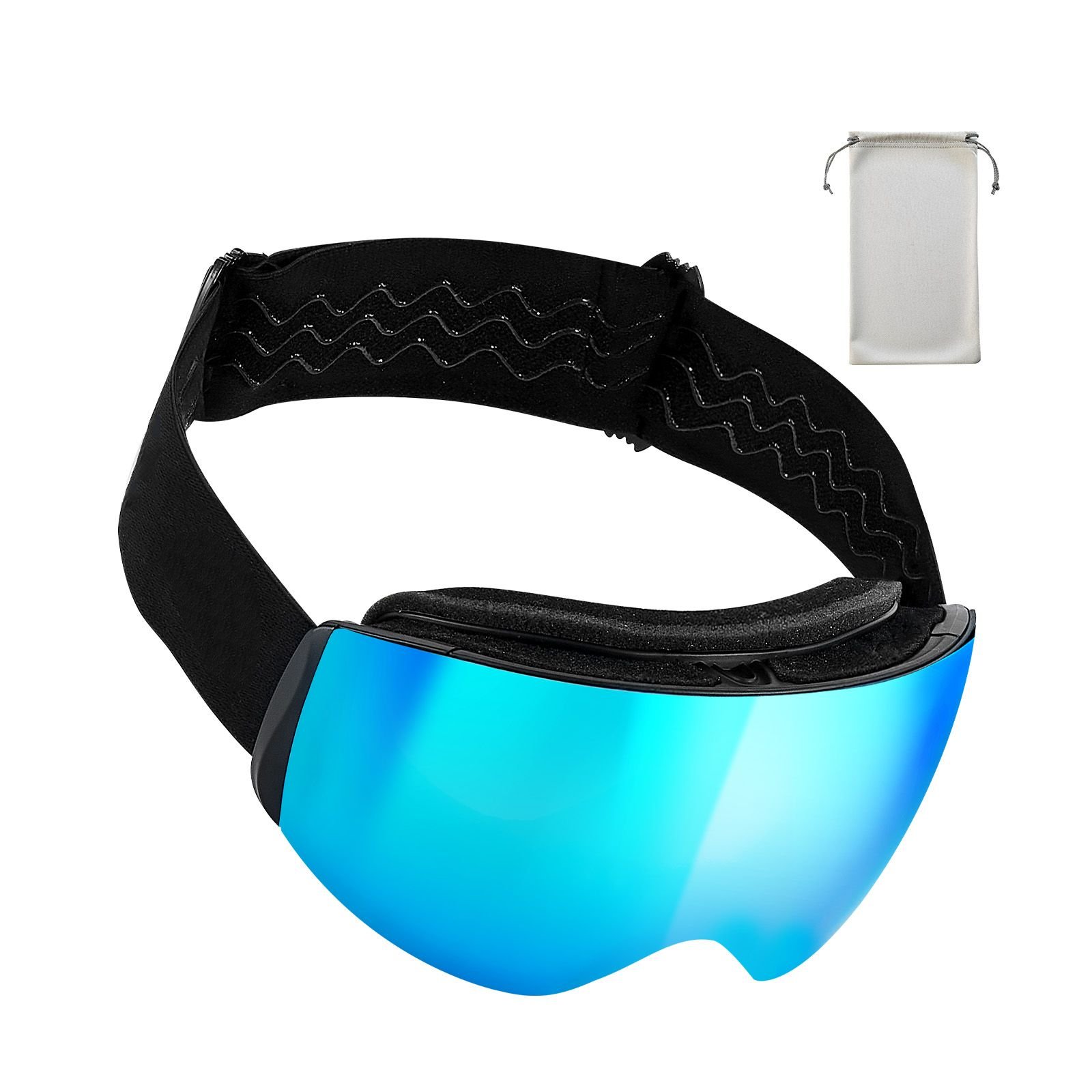frameless ski goggles, spherical lens with blue revo coating, otg anti fog snow goggles for men women youth, tpu frame & ventilation structure, suitable for skiing, skating, snowboarding