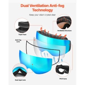 frameless ski goggles, spherical lens with blue revo coating, otg anti fog snow goggles for men women youth, tpu frame & ventilation structure, suitable for skiing, skating, snowboarding