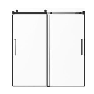 Frameless Sliding Bathtub Door, 56-60 in.W x 60 in.H, Frameless Shower Glass Door, Frameless Double Sliding Tub Door with 5/16 in Clear Tempered Glass and Stainless Steel Handle, Black Finish