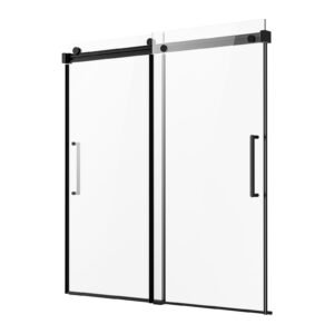frameless sliding bathtub door, 56 60 in.w x 60 in.h, frameless shower glass door, frameless double sliding tub door with 5/16 in clear tempered glass and stainless steel handle, black finish