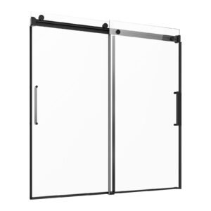 frameless sliding bathtub door, 56 60 in.w x 60 in.h, frameless shower glass door, frameless double sliding tub door with 5/16 in clear tempered glass and stainless steel handle, black finish