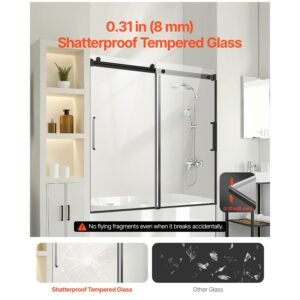 frameless sliding bathtub door, 56 60 in.w x 60 in.h, frameless shower glass door, frameless double sliding tub door with 5/16 in clear tempered glass and stainless steel handle, black finish