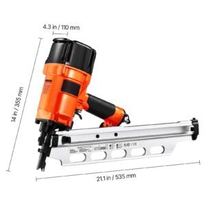 framing nailer, 2" to 3 1/2" 21 degree full round head pneumatic framing nailer with dual trigger modes & tool less depth adjustment, 80 120psi pro air nail gun for framing flooring decking
