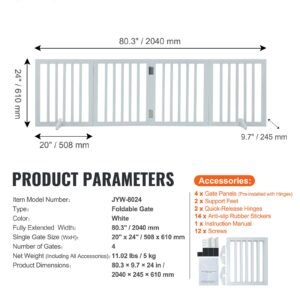 freestanding pet barrier, 24" height x 80.3" width, 4 panel folding dog gate for various openings, expandable and quiet foot supported indoor dog fence, white