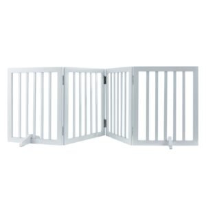 freestanding pet barrier, 24" height x 80.3" width, 4 panel folding dog gate for various openings, expandable and quiet foot supported indoor dog fence, white