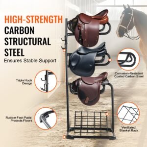 freestanding saddle stand, 30 x 30 x 68.5 in, 3 tiers saddle rack, heavy duty saddle blanket holder with removable & rotating tiers, english & western saddle rack for tack room organization