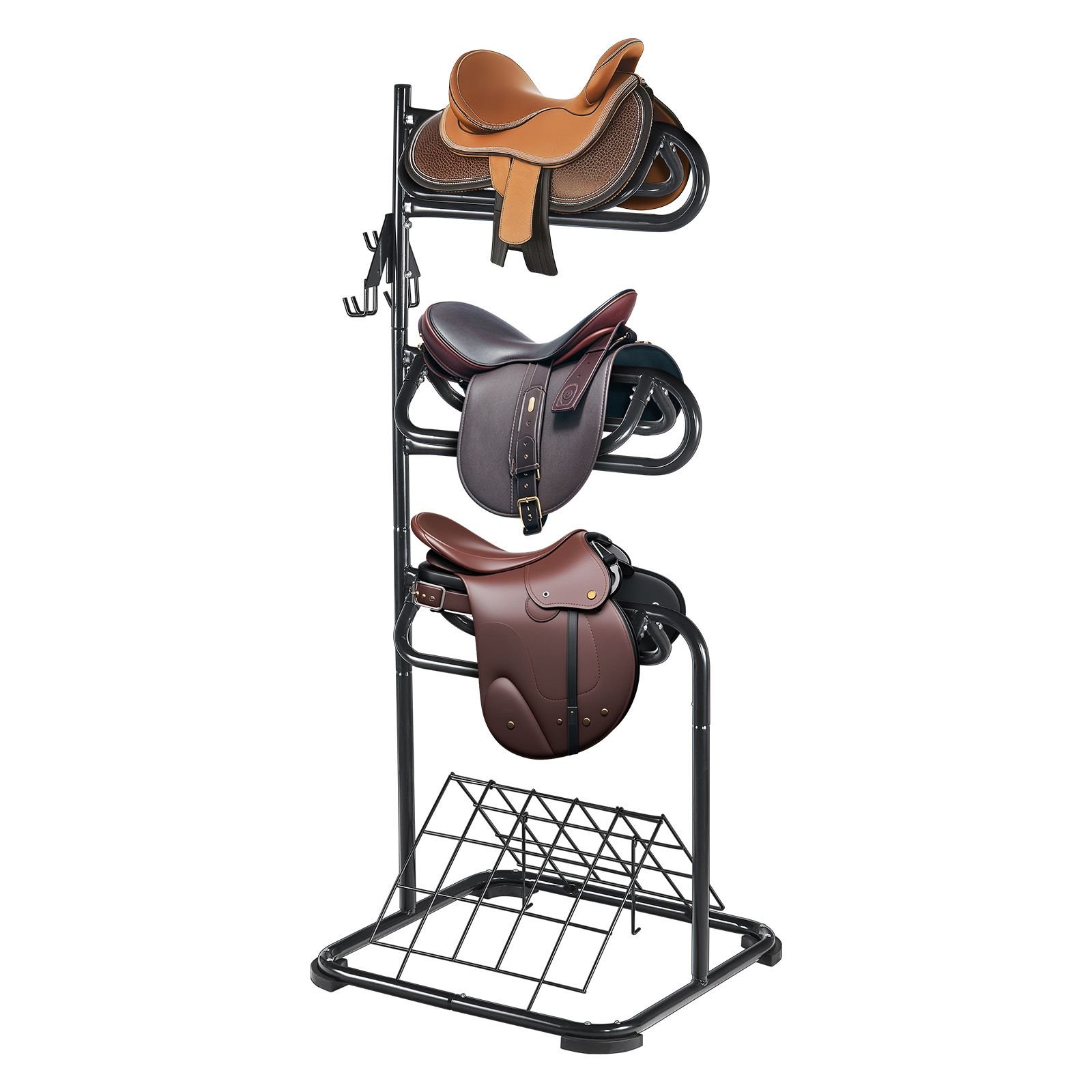 freestanding saddle stand, 30 x 30 x 68.5 in, 3 tiers saddle rack, heavy duty saddle blanket holder with removable & rotating tiers, english & western saddle rack for tack room organization