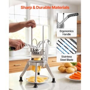 french fry cutter, 1/2" blade commercial vegetable chopper, lever action vegetable dicer with ergonomic handle, stainless steel potato slicer for thick cut fries, onion, carrots, bell pepper