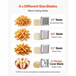 french fry cutter, commercial vegetable chopper with 4 blades (1/2", 3/8", 1/4" & 6 wedge with corer), lever stainless steel potato slicer for home thick, regular & thin fries cut, onion, fruit