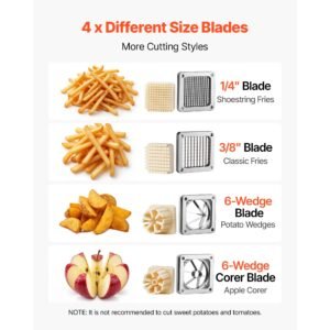 french fry cutter, commercial vegetable chopper with 4 blades (1/4", 3/8", 6 wedge & apple corer), stainless steel potato slicer for fries, onion, carrots, lemon – home & restaurant use
