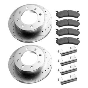 front and rear brake kit compatible with 2002 2006 chevrolet avalanche 2500 (8 stud), 2002 2004 chevrolet silverado 2500 (models w/manual transmission only), drilled & slotted brake rotors