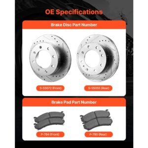 front and rear brake kit compatible with 2002 2006 chevrolet avalanche 2500 (8 stud), 2002 2004 chevrolet silverado 2500 (models w/manual transmission only), drilled & slotted brake rotors