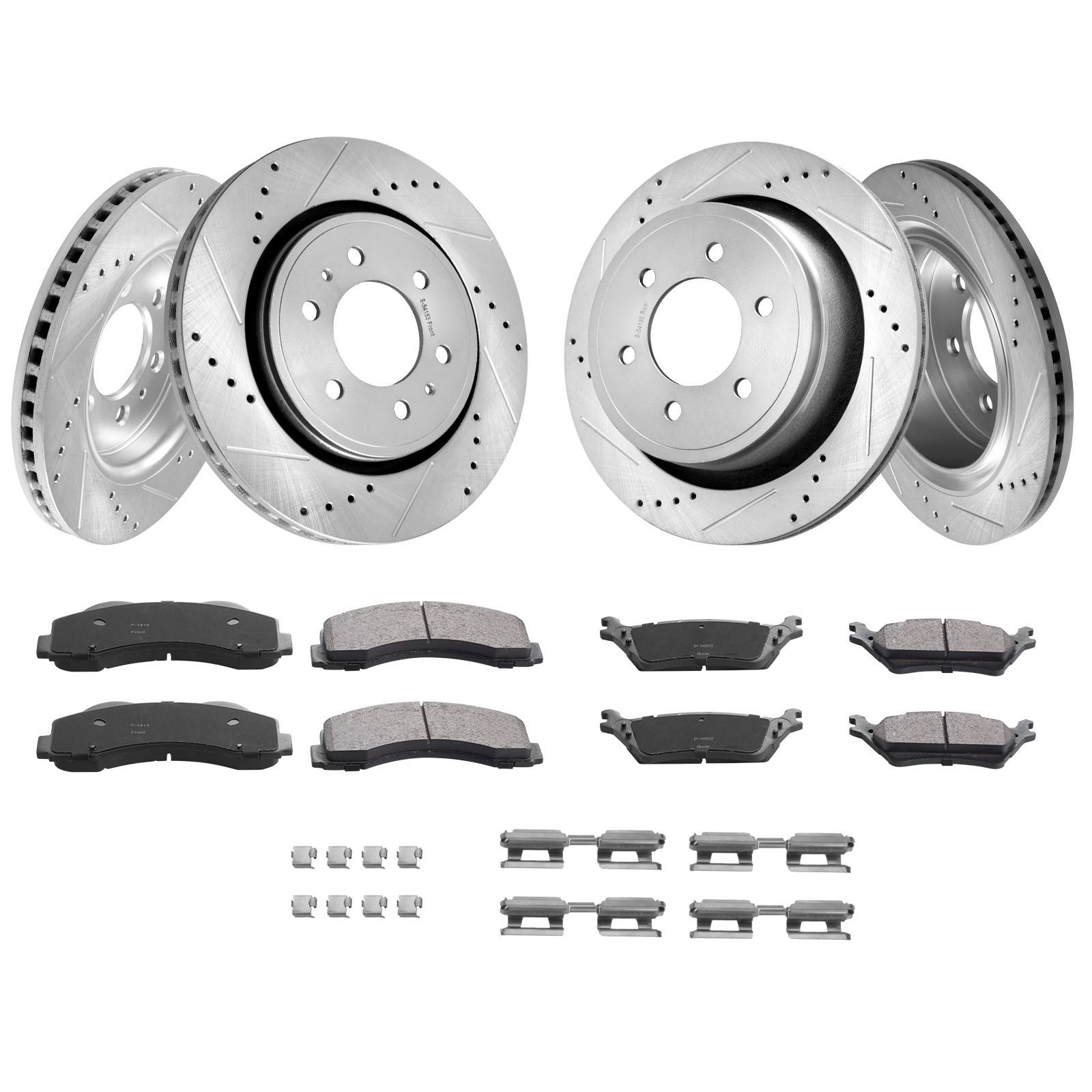 front and rear brake kit compatible with 2012 2020 ford f 150(mpb only), drilled and slotted brake rotors ceramic brake pads replacement, 13.8" front rotors 13.7" rear rotors