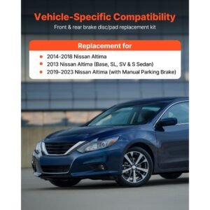 front and rear brake kit compatible with 2013 nissan altima (base, sl, sv & s sedan), 2014 2018 nissan altima, 2019 2023 nissan altima (with manual parking brake), hollow structure front rotors