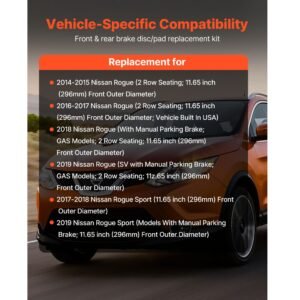 front and rear brake kit compatible with 2014 2015 nissan rogue (2 row seating; 11.65 inch (296mm) front outer diameter), hollow structure brake rotors ceramic brake pads replacement kit