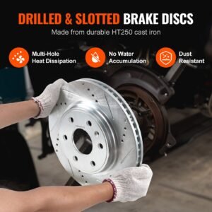 front brake kit compatible with 2007 2017 chevy traverse, buick enclave, gmc acadia, saturn outlook, drilled and slotted brake rotors ceramic brake pads replacement kit, 12.8" front rotors
