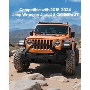 front bumper compatible with 2018 2024 jeep wrangler jl jlu & gladiator jt, heavy duty steel front bumper with winch plate, d ring mounts & fog light housing