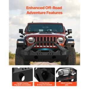 front bumper compatible with 2018 2024 jeep wrangler jl jlu & gladiator jt, heavy duty steel front bumper with winch plate, d ring mounts & fog light housing