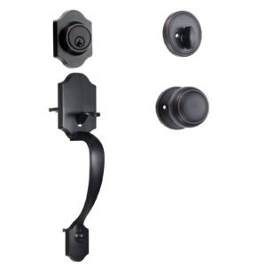 front door handle and deadbolt set, front door lock set with interior knob, adjustable hole spacing single cylinder handleset, for right and left handed entrance, brushed oil rubbed bronze