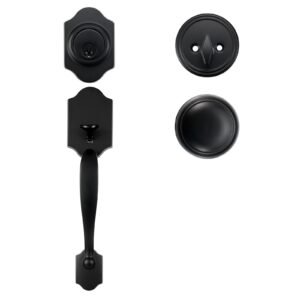 front door handle and deadbolt set, matte black front door lock set with interior knob, adjustable hole spacing single cylinder handleset, for right and left handed entrance and front door