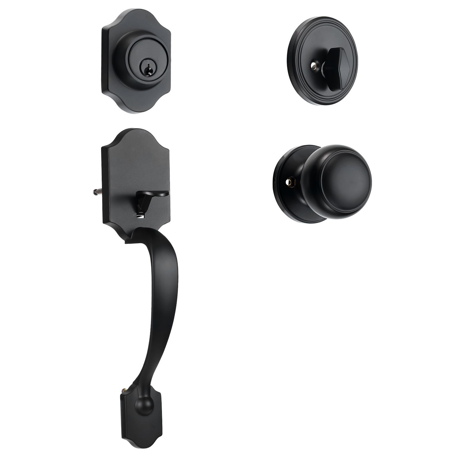 front door handle and deadbolt set, matte black front door lock set with interior knob, adjustable hole spacing single cylinder handleset, for right and left handed entrance and front door
