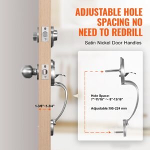 front door handle and deadbolt set, satin nickel front door lock set with interior knob, adjustable hole spacing single cylinder handleset, for right and left handed entrance and front door