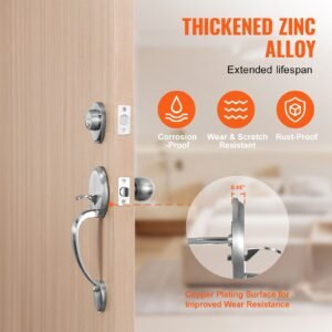 front door handle and deadbolt set, satin nickel front door lock set with interior knob, adjustable hole spacing single cylinder handleset, for right and left handed entrance and front door