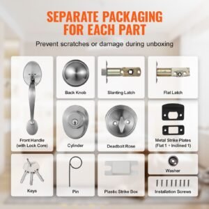 front door handle and deadbolt set, satin nickel front door lock set with interior knob, adjustable hole spacing single cylinder handleset, for right and left handed entrance and front door