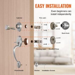 front door handle and deadbolt set, satin nickel front door lock set with interior knob, adjustable hole spacing single cylinder handleset, for right and left handed entrance and front door