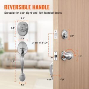 front door handle and deadbolt set, satin nickel front door lock set with interior knob, adjustable hole spacing single cylinder handleset, for right and left handed entrance and front door