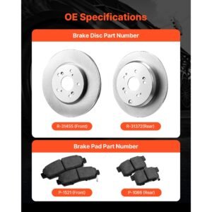 front & rear brake kit compatible with 2012 2016 honda cr v (awd models), ceramic brake replacement kits, 12 inch hollow structure front rotors, 12 inch solid structure rear rotors, r 31455